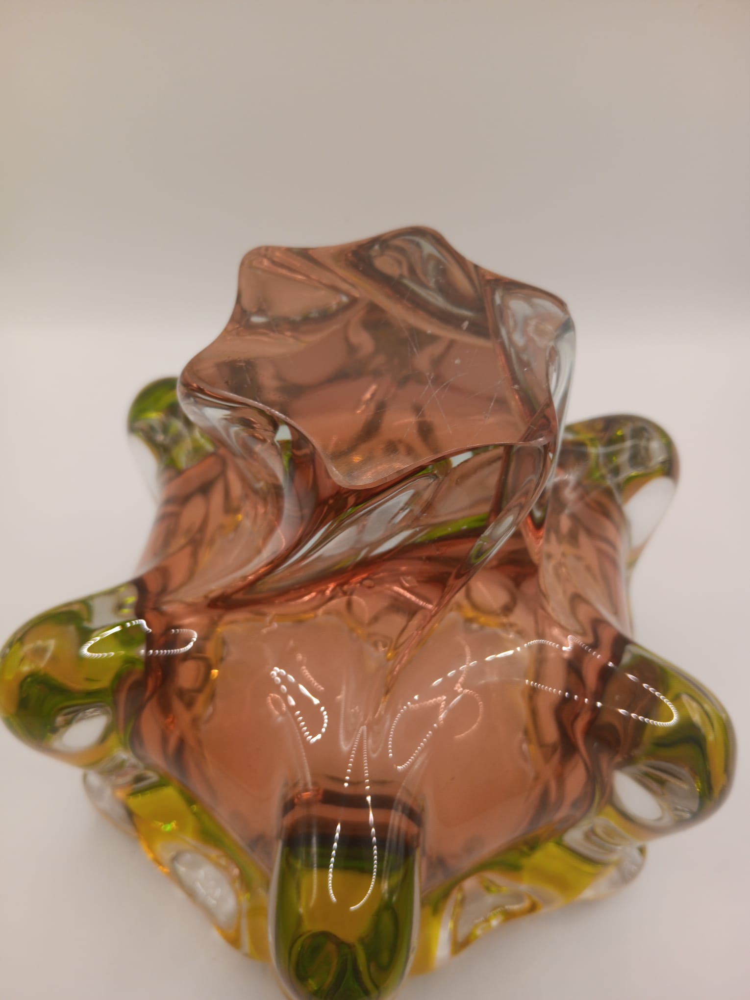 Orange and Yellow, Art Glass Bowl on pedestal Unsigned likely Josef Hospodka