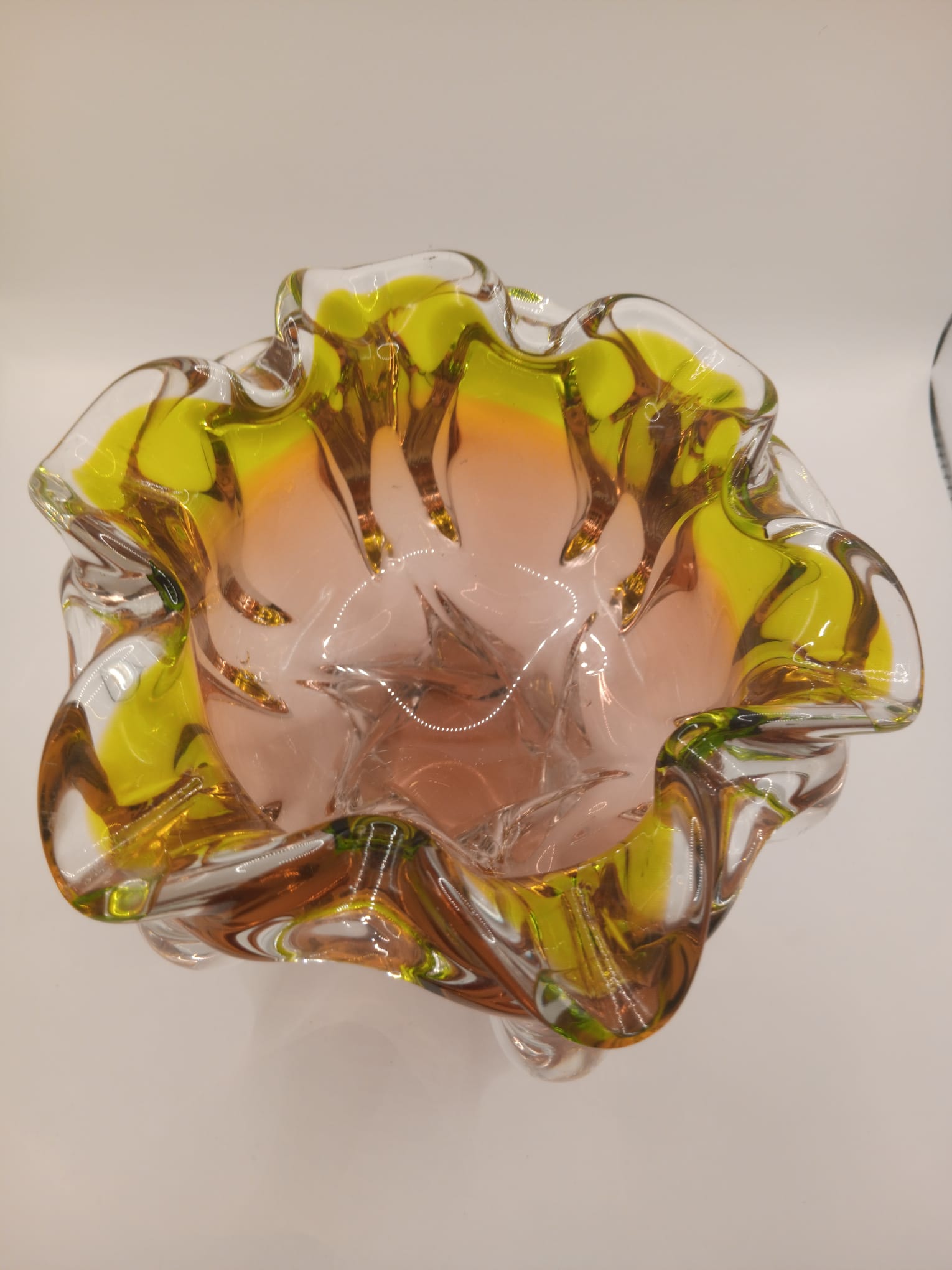 Orange and Yellow, Art Glass Bowl on pedestal Unsigned likely Josef Hospodka