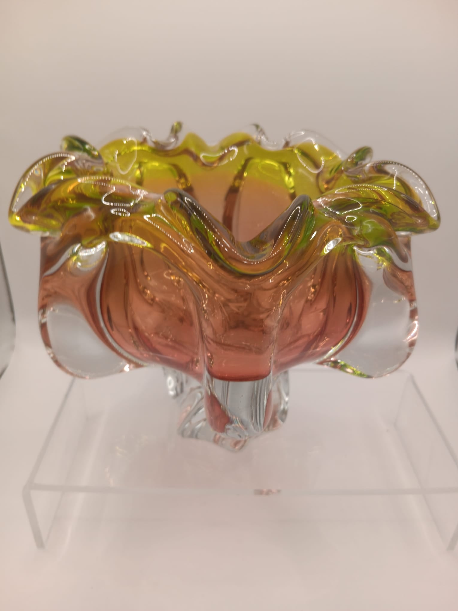Orange and Yellow, Art Glass Bowl on pedestal Unsigned likely Josef Hospodka