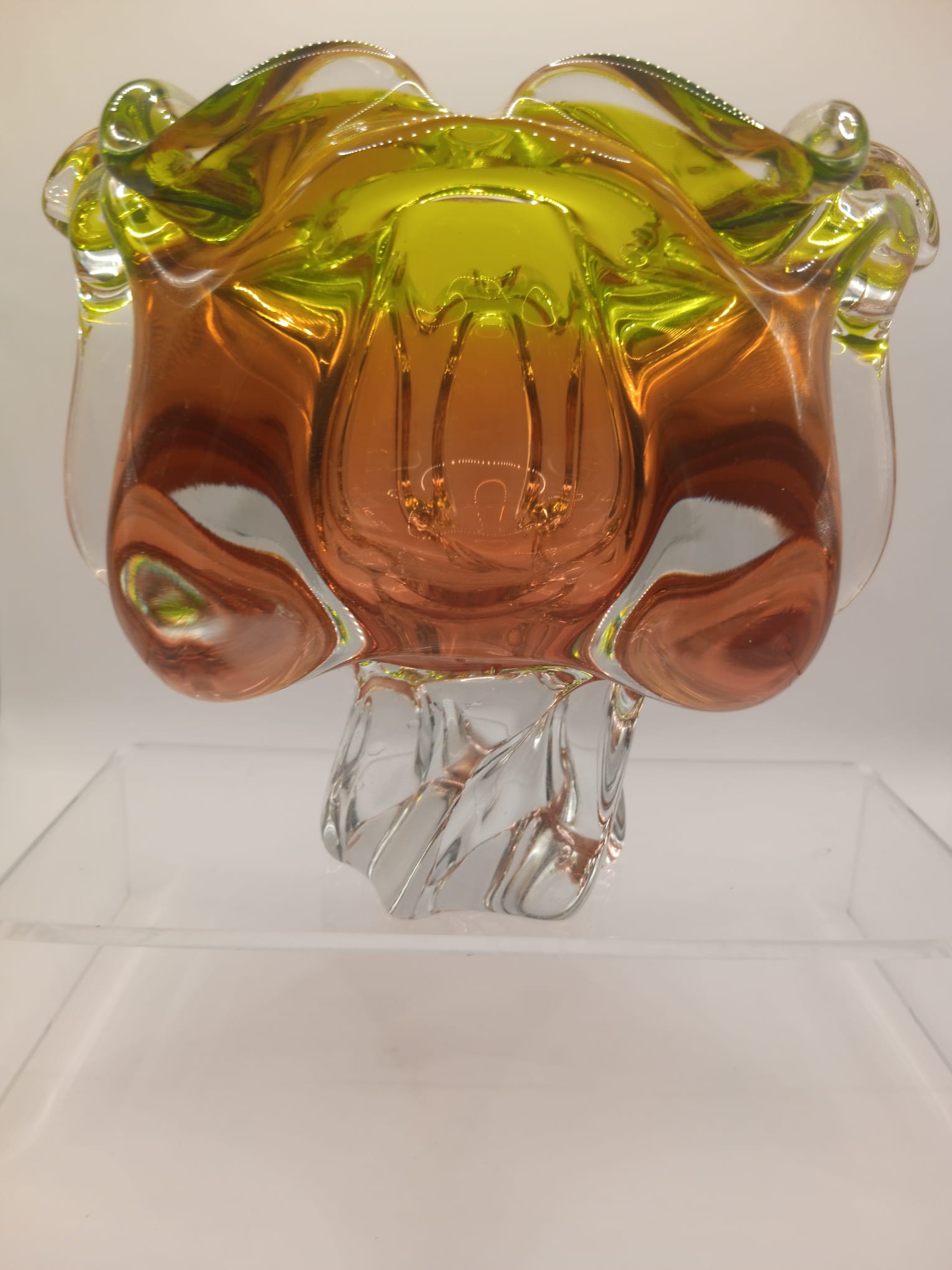 Orange and Yellow, Art Glass Bowl on pedestal Unsigned likely Josef Hospodka